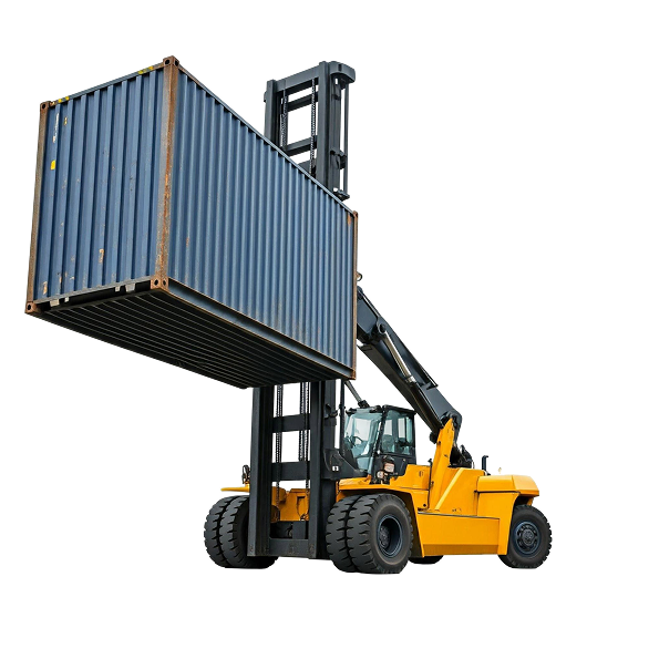 Forklift carrying shipping container